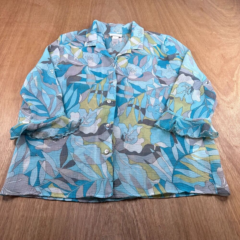 Alfred Dunner Women’s 16 Blue Teal Floral Sheer Button Front Blouse 3/4 Sleeve